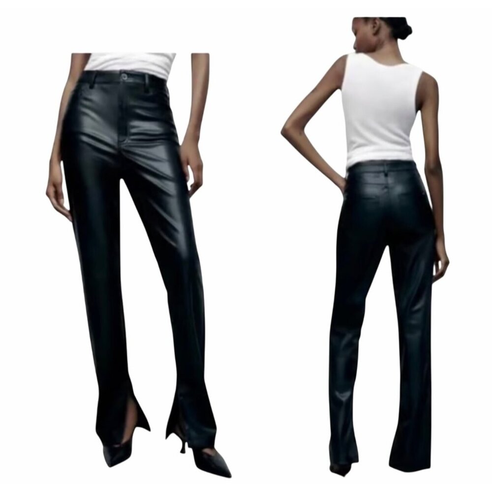 ZARA Black Pants 6 Straight Lag Faux Leather High Rise Slit Hem Stretchy Pants